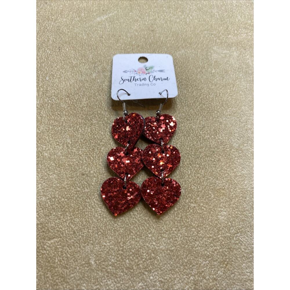 Southern Charm Heart Dangle Earrings Three Tier Red Glitter Shiny Sparkle 2.5”